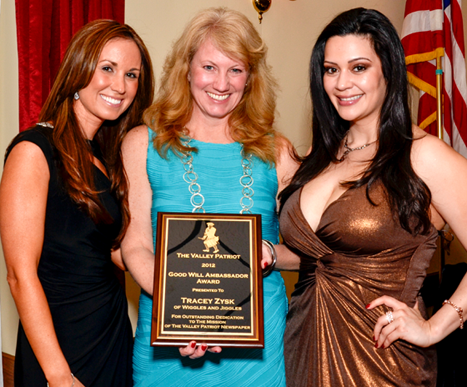Valley Patriot Good Will Ambassador Award Tracey Zysk flanked by PuppyGirl Kate Whitney (l) and Award Presenter Anabel Gutierrez
