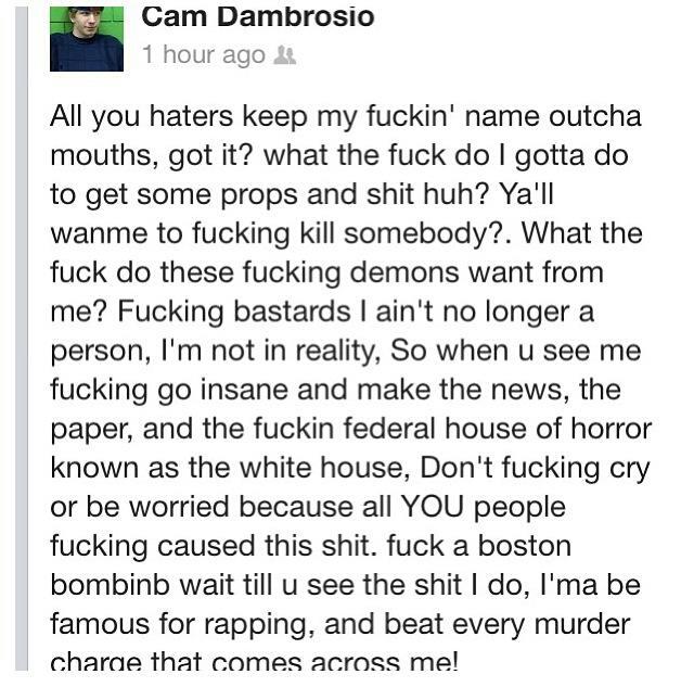 Cameron D'Ambrosio Facebook Threats