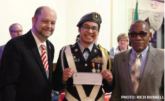 Valley Pariot publisher Tom Duggan, JrROTC Lawrence High Student Rachel Hiraldo, and 82 year old Army veteran Eugene Smith of Military Connections who donated $1,200 toward this scholarship.